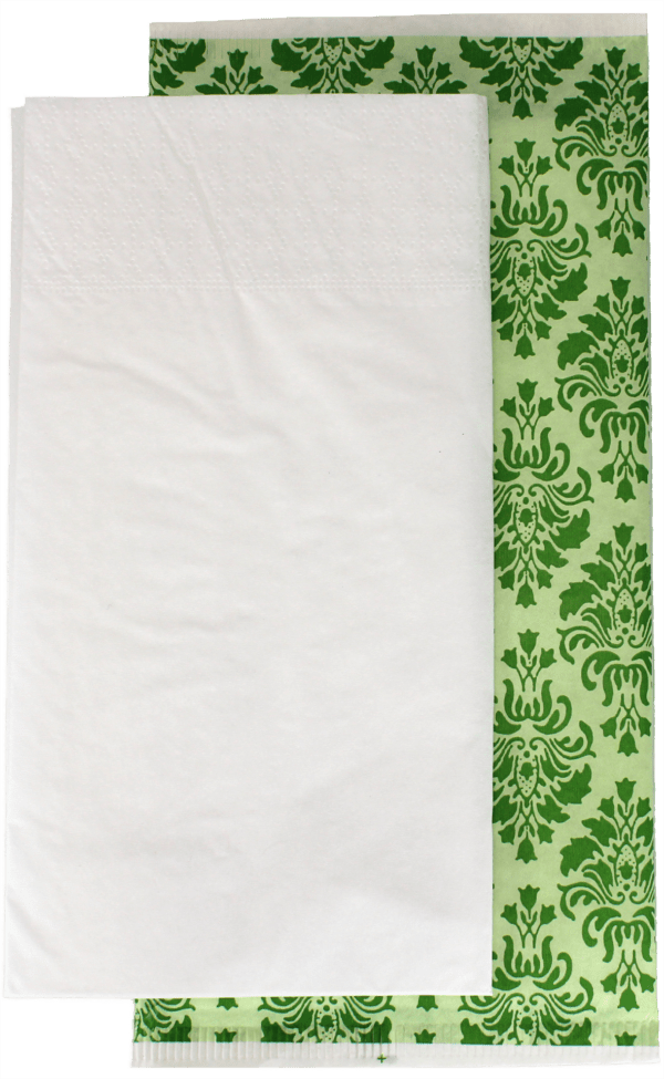 Bestecktaschen Vintage Green, 27x13 cm mit innenliegender Serviette, Zellstoff, hochweiß, 48x48 cm, 2-lagig, Kopffalz – Bild 3
