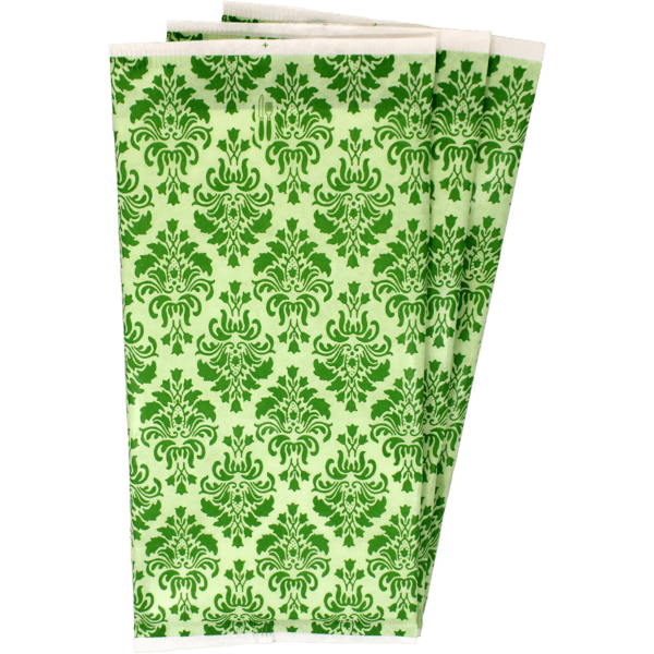 Bestecktaschen Vintage Green, 27x13 cm mit innenliegender Serviette, Zellstoff, hochweiß, 48x48 cm, 2-lagig, Kopffalz