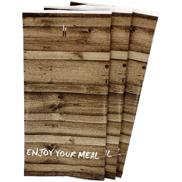 Bestecktaschen Enjoy Your Meal, 27x13 cm mit innenliegender Serviette, Tissue, hochweiß, 48x48 cm, 2-lagig, Kopffalz